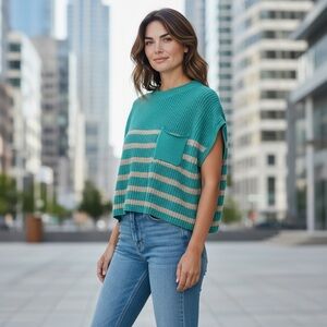 Zenana Teal and Beige Striped Women's Sweater-Medium